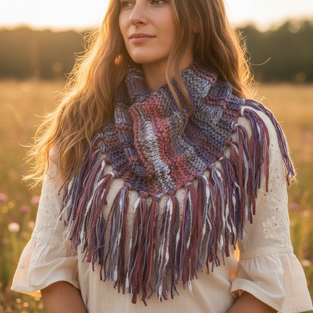 NEW Hand Knitted Cowl Scarf Purple Ombre Boho Indie Artsy Hippie Cottage Fairy